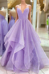 Purple V Neck Sleeveless A Line Tulle Sequin Semi Formal Prom Dresses
